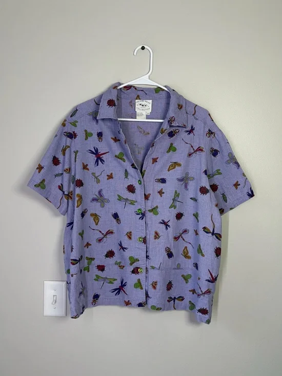 Vintage Purple Linen Blend Bug Patterned Button Up - Picture 1 of 13